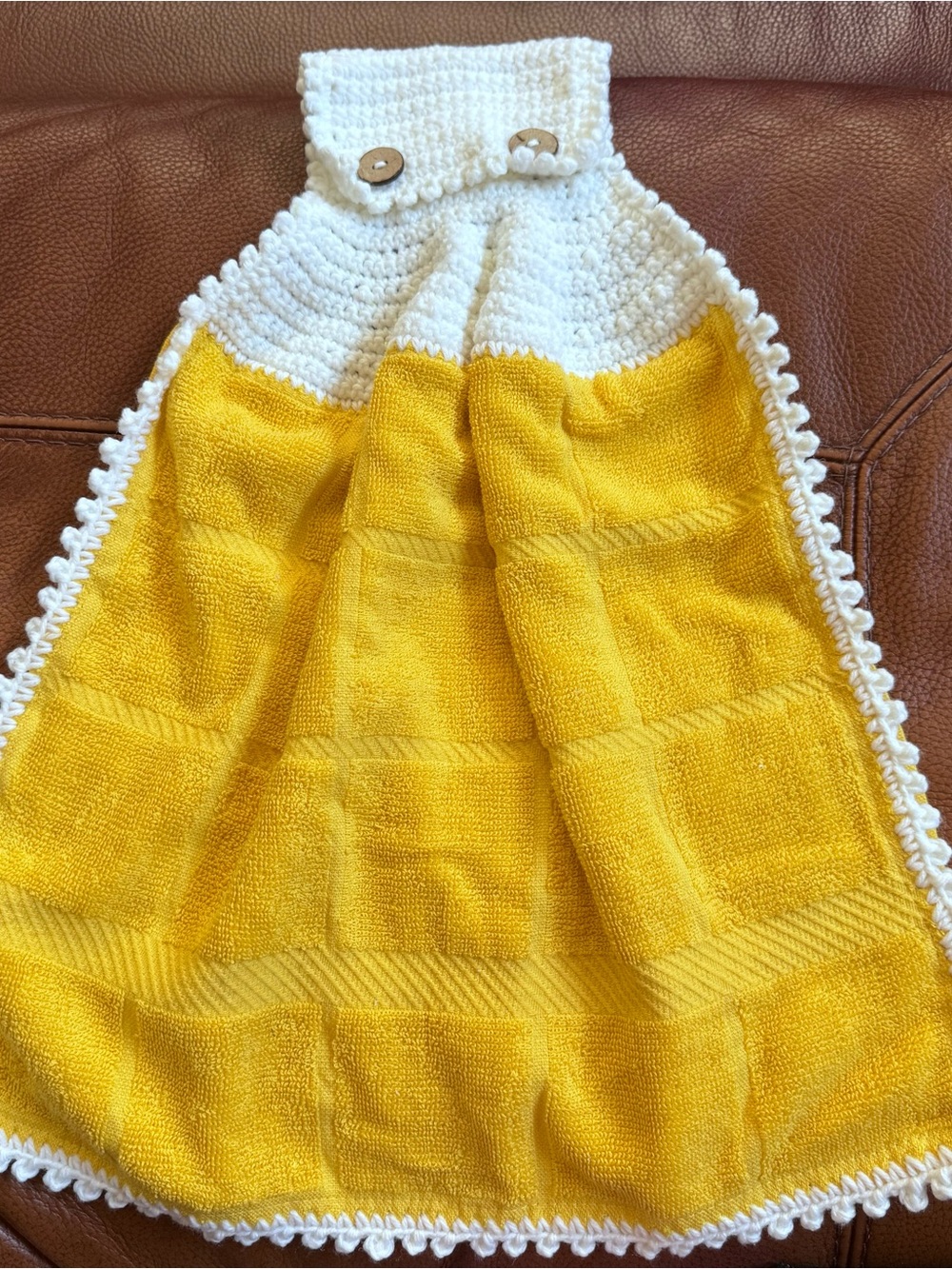 Mellow Buff Yellow Hanging Kitchen Towel White Crochet Coconut Shell Buttons
